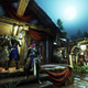 Night falls as s crowd of players with swords and spears line up outside the door of a wooden storefront in New Word.